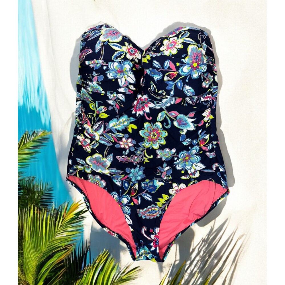 Anne Cole Size 20W‎ Floral Padded Swim Suit Blue Pink Green Strapless One Piece